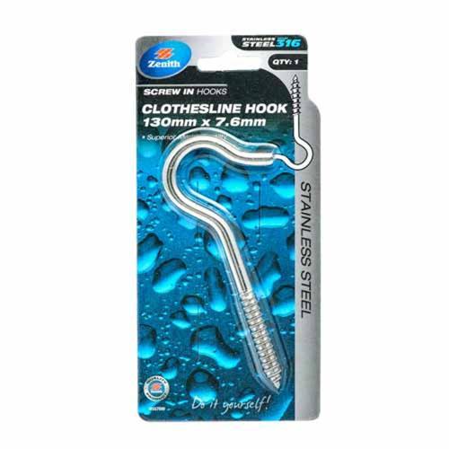 Zenith Clothesline Hook 130 X 7.6mm Stainless Steel.