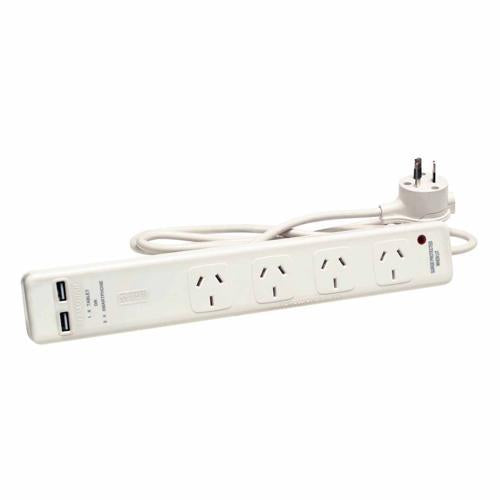 HPM 4-Way Powerboard With 2x Charging USB 2.1A 240V White