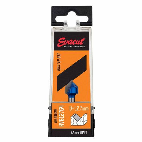Evacut Router Bit Vee Groove Shank: 6.4mm Dia: 12.7mm Blue And Grey