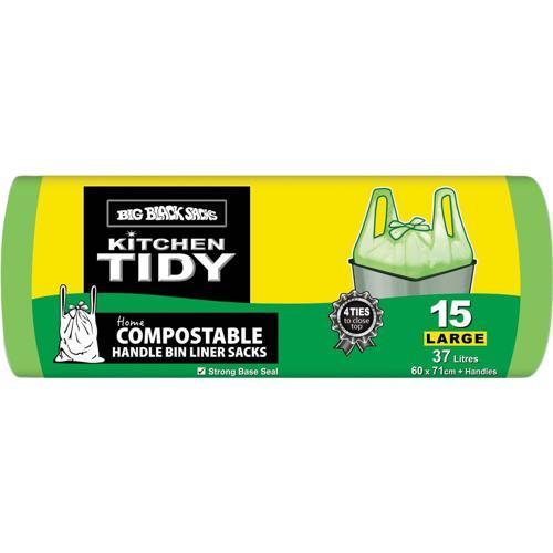 Big Black Sacks Compostable Tie-Top Rubbish Bags 15 Pack Large 37L Pack of 15