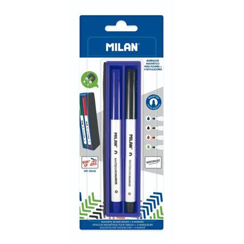 Milan Magnetic Whiteboard Eraser With 4 Markers 39mm 153mm Assorted Colours