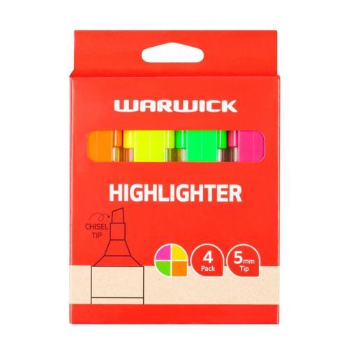 Warwick Highlighter Stubby 4 Pack 18mm 105mm 120mm Assorted Colours Pack of 4