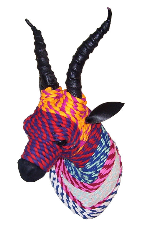 Handmade Impala Wall Hanging Chindi Trophy, featuring unique colors and patterns, crafted from recycled paper and cotton.