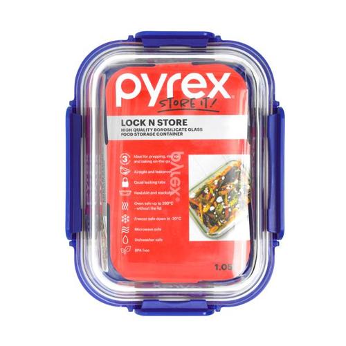 Pyrex Lock N Store Rectangle Container with Blue Lid  1.05L