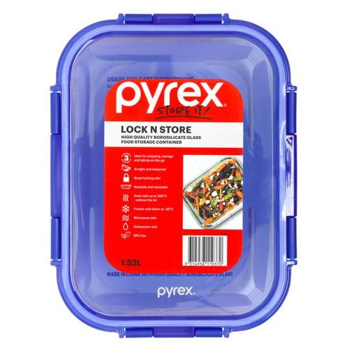 Pyrex Lock N Store Rectangle Container with Blue Lid  1.52L
