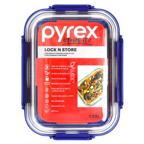 Pyrex Lock N Store Rectangle Container with Blue Lid  1.52L