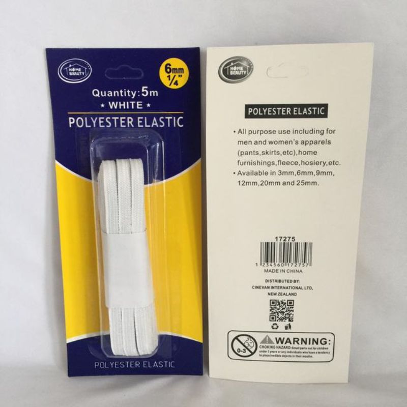 Elastic - Polyester White 5m x 6mm (Set of 12)