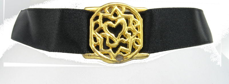 Choker Necklace Black Ribbon & Matt Gold Heart