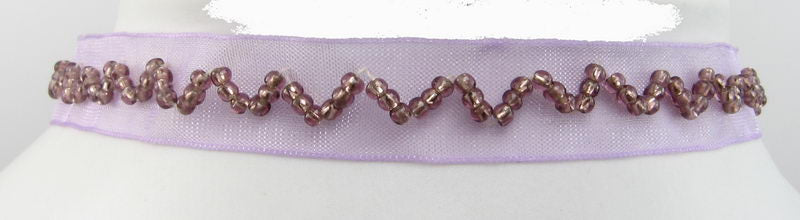 Choker Necklace - Chiffon with Beaded Zig Zag - Purple