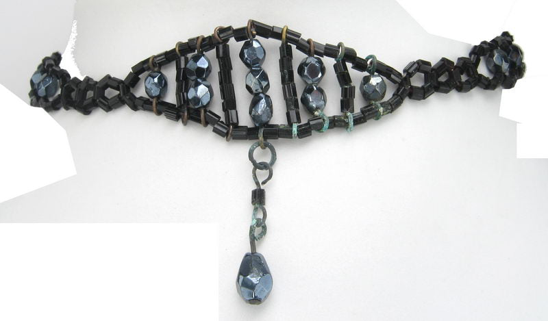 Choker Necklace - Beaded Interlink Design - Black