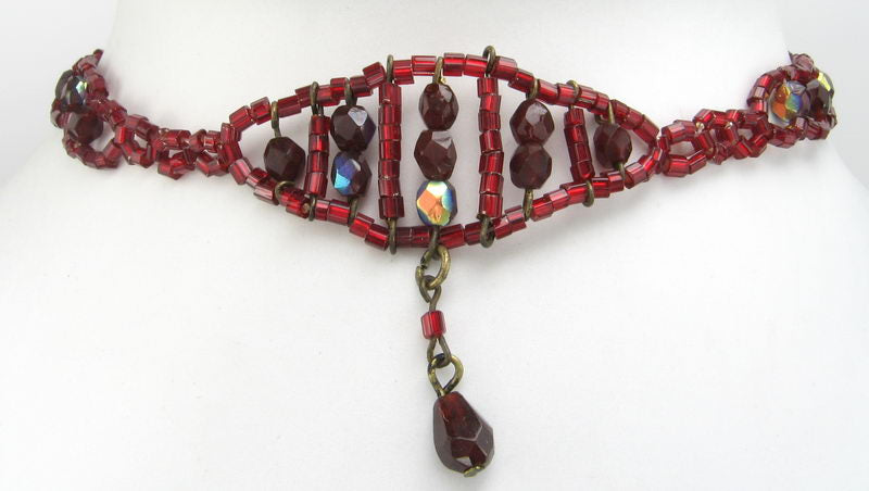 Choker Necklace - Beaded Interlink Design - Red
