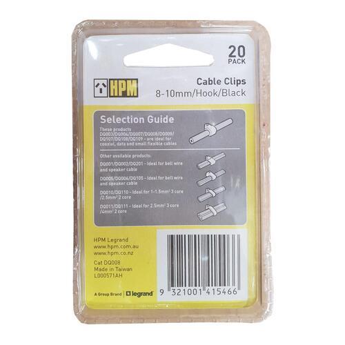 HPM Hook Cable Clips 8-10mm Black Pack of 20