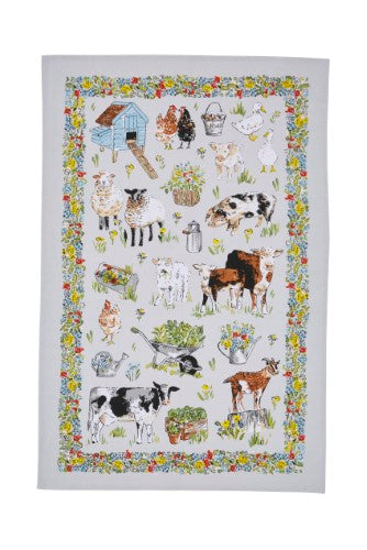 Cotton tea towel featuring hand-painted farm animals on a soft grey background, 48x74cm, with a convenient hanging loop.