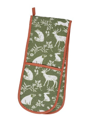 Double oven glove featuring a whimsical woodland design with deer, foxes, and owls in sage green, made with recycled materials.