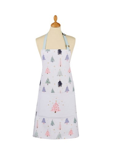 Cotton apron featuring a festive Frosty Trees design in pastel colors with adjustable neck straps, measuring 70 x 95 cm.