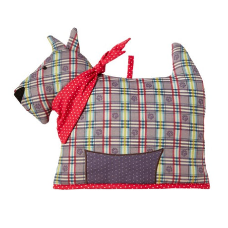 Cotton tea cosy shaped like a Scottish Terrier, featuring vibrant 60's patterns, designed to keep teapot warm.