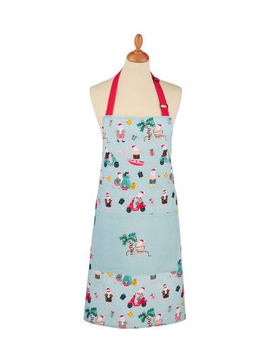 Recycled cotton apron featuring a playful Santa in flip flops, vibrant colors, and adjustable straps, ideal for festive cooking.