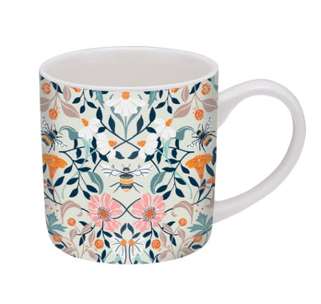 Bone china mug featuring vibrant bee and floral designs, perfect for coffee or tea, 8 x 8 cm, dishwasher and microwave safe.