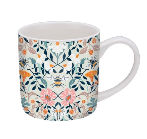 Bone china mug featuring vibrant bee and floral designs, perfect for coffee or tea, 8 x 8 cm, dishwasher and microwave safe.