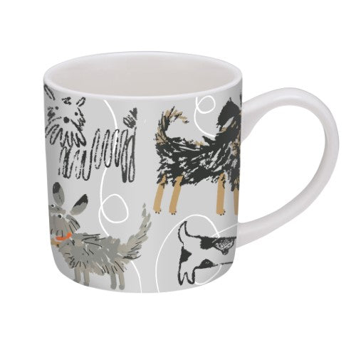 Straight sided mug featuring playful dog illustrations inspired by Quentin Blake, ideal for coffee or tea, vegan safe.