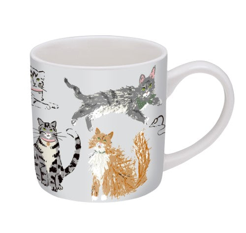 Straight sided mug featuring playful cat illustrations, crafted from durable new bone china, dishwasher and microwave safe.