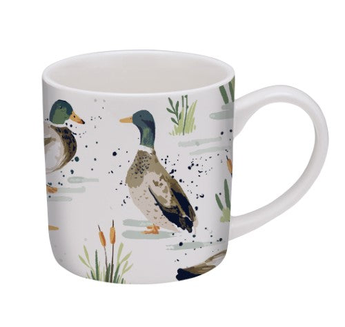 Straight sided mug featuring hand-painted mallard ducks in sage green and orange, perfect for coffee or tea.