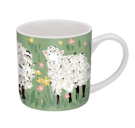 Hand-illustrated mug featuring sheep and lambs in a spring meadow, made from durable new bone china.