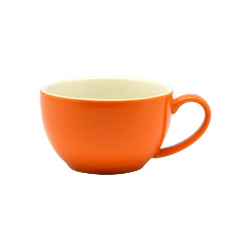 Set of 6 Rockingham Orange Latte Cups with high gloss finish, off-white interior, durable porcelain, 300ml capacity.