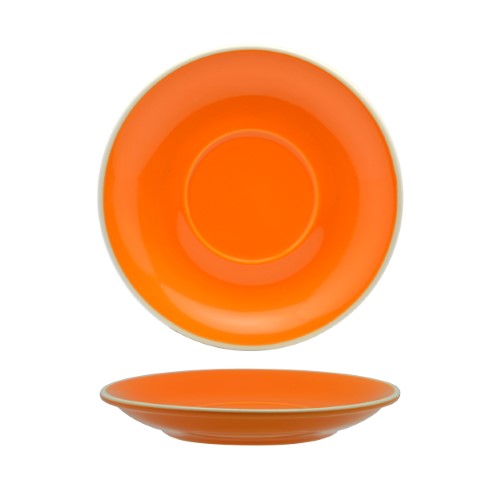 Latte saucer in Rockingham Orange, 15.5cm, high gloss finish, off-white interior, box of 6, ideal for stylish coffee service.