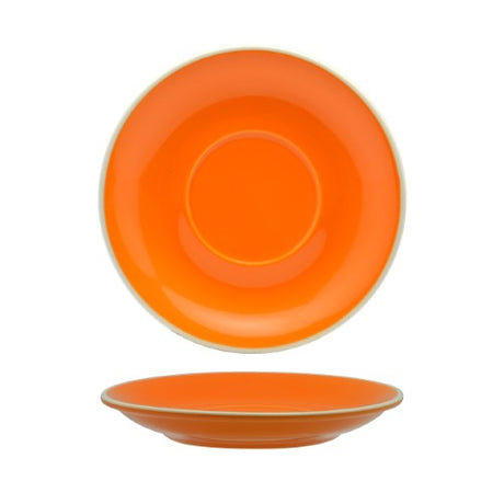 Latte saucer in Rockingham Orange, 15.5cm, high gloss finish, off-white interior, box of 6, ideal for stylish coffee service.