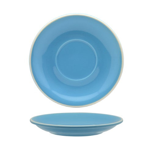 Elegant Rockingham Sky Blue latte saucer, 15.5cm, crafted from durable porcelain, ideal for coffee presentations.