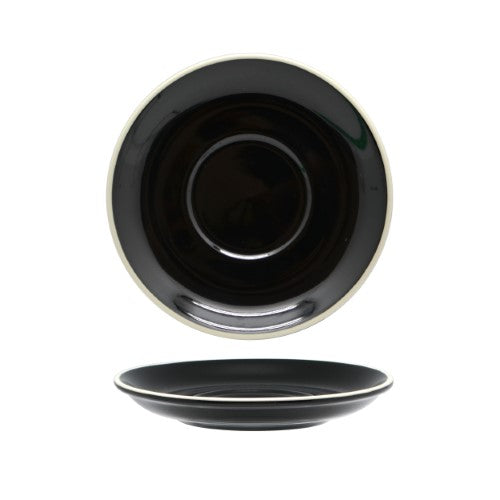 Elegant black cappuccino saucer, 14.5cm, high-fired porcelain, durable, microwave and dishwasher safe, box of 6.