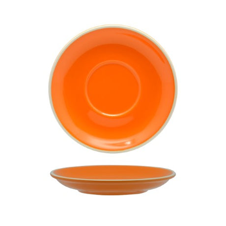 Rockingham Orange cappuccino saucer, 14.5cm, durable porcelain, microwave and dishwasher safe, box of 6, elegant design.