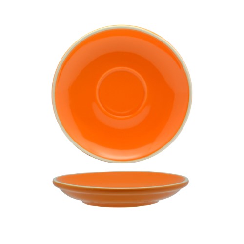 Long Black / Flat White saucer in Rockingham Orange, 14cm, durable porcelain, stylish for cafes and home use.