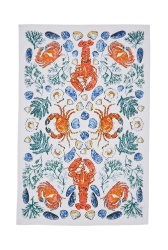 100% cotton tea towel featuring vibrant shellfish and seaweed design, perfect for modern kitchens and seafood lovers.