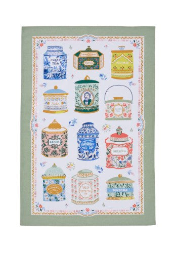 Cotton tea towel featuring eclectic hand-painted vintage tea tin designs, perfect for modern kitchens and tea lovers.