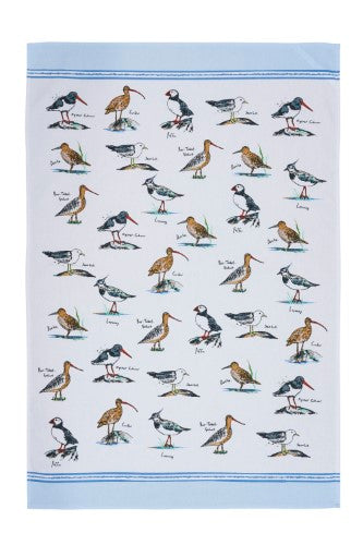 Hand-illustrated cotton tea towel featuring coastal birds on a white background with blue accents, perfect for seaside homes.