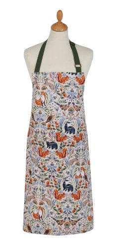 Cotton apron featuring a whimsical woodland scene with rabbits, squirrels, and owls, perfect for autumn and winter cooking.