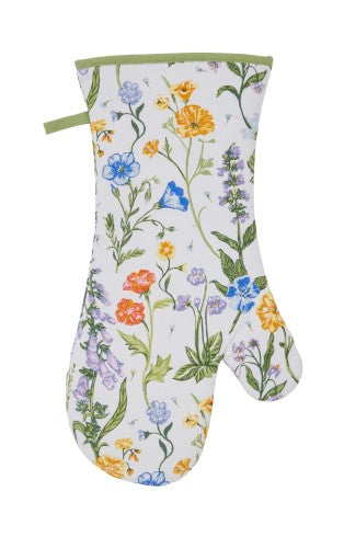 Cotton oven gauntlet featuring floral design inspired by countryside, with thick padding and hanging loop for easy access.