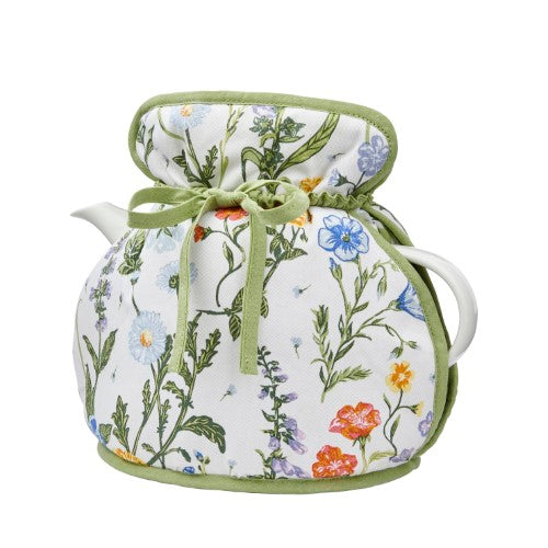 Ulster Weavers Cotton Muff tea cosy featuring delicate floral designs on a cream backdrop, ideal for 6-cup teapots.