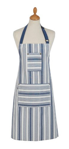 Denim stripe cotton apron featuring pockets and brass rivets, perfect for chefs and bakers, measuring 70 x 95 cm.