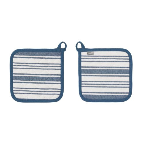 Cotton pot mat with denim stripes, double-stitched edges, and brass rivets for style and heat protection, 21x21cm.