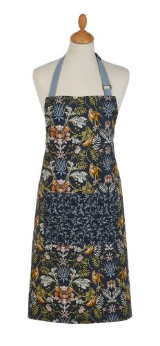 Ulster Weavers Cotton Apron features a William Morris design with finches, flowers, and adjustable neck and waist ties.