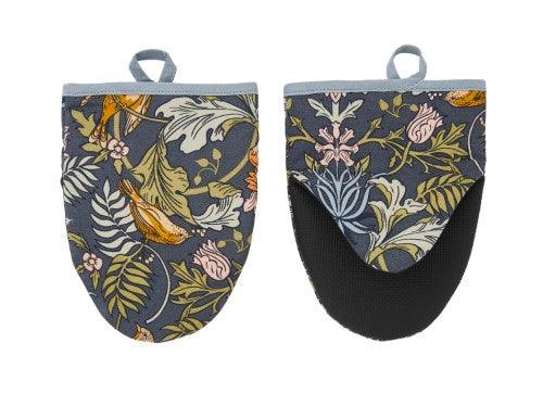 William Morris inspired cotton microwave mitts featuring finches, flowers, and vibrant colors for heat protection and grip.