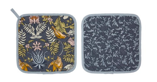 Cotton pot mat featuring finches and floral designs, providing heat protection and style in the kitchen.