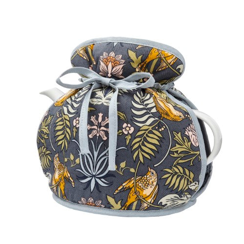 Ulster Weavers Cotton Muff tea cosy featuring a William Morris inspired design with finches, flowers, and a snug fit for 6-cup teapots.