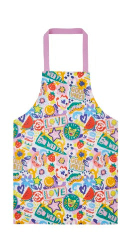 Colorful PVC apron with graffiti design and smiling faces, perfect for stylish teen chefs aged 10-14.