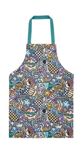 Bold graffiti-patterned PVC apron for teens, featuring vibrant colors and fixed neck loop for stylish kitchen use.