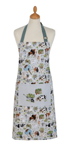 Cotton apron featuring a vintage farmhouse design with playful farm animals and practical adjustable straps, 70 x 95cm.