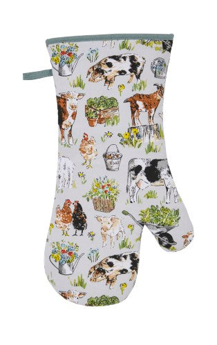 Gauntlet featuring whimsical farm animals on soft grey, crafted from 100% cotton for heat protection in the kitchen.